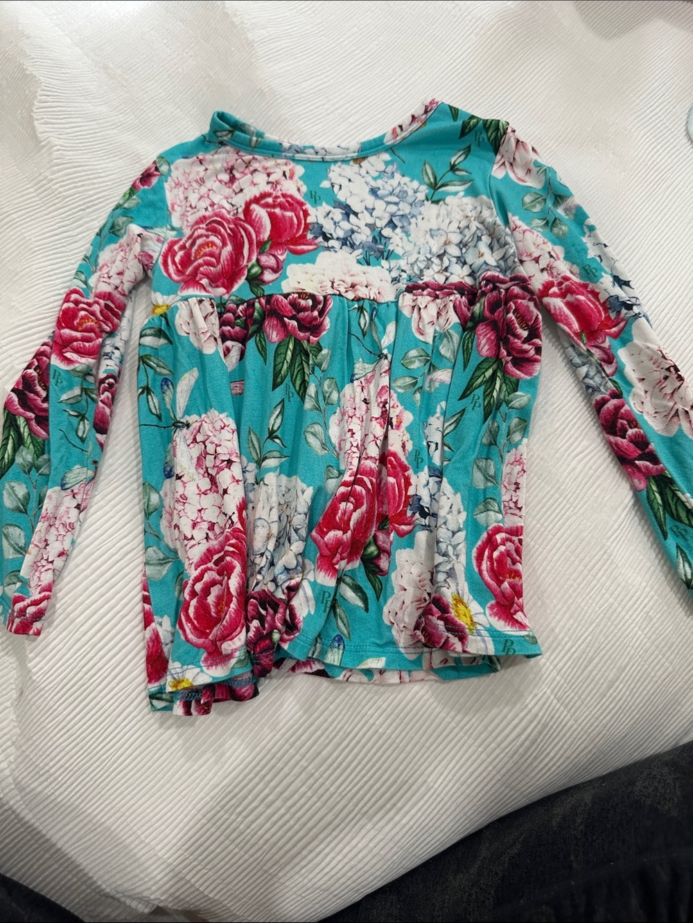 Posh Peanut Teal Floral Long-Sleeve Peplum Top with Pink Roses